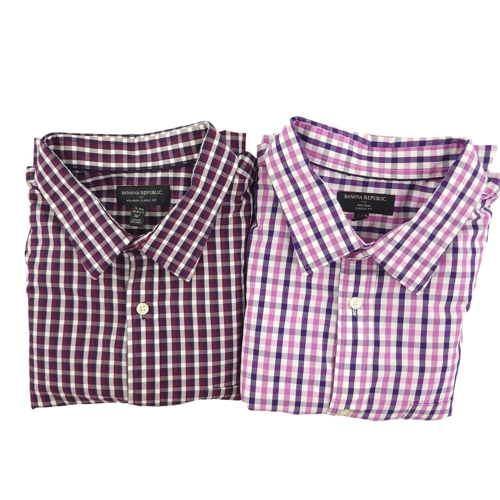 Banana Republic Dress Shirt Mens 2XL Purple Red Gingham Check Non Iron Lot Of 2